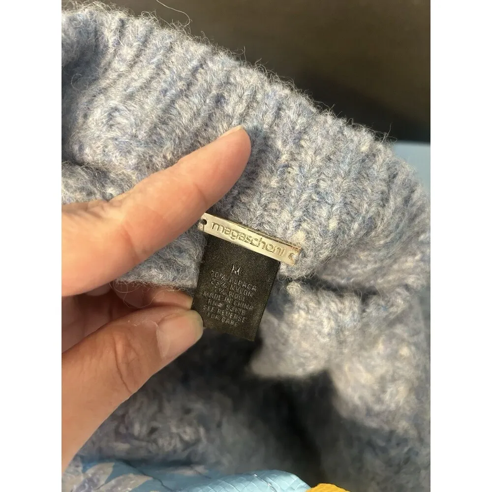 Magaschoni Alpaca Wool Blend Basketweave Chunky Knit Blue Sweater Size Medium - Image 2