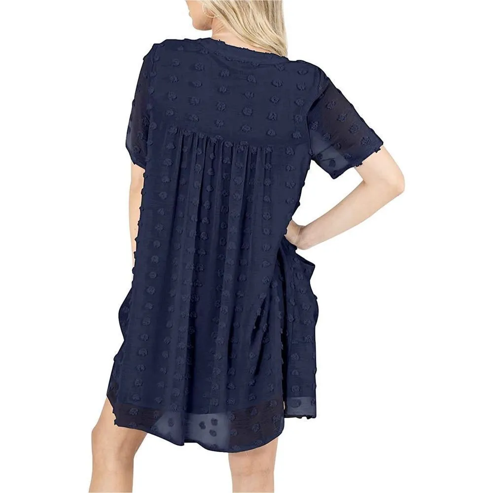NEW MIHOLL L V Neck Short Sleeve Ruffle Loose Summer Flowy Mini Dress S Blue - Image 2