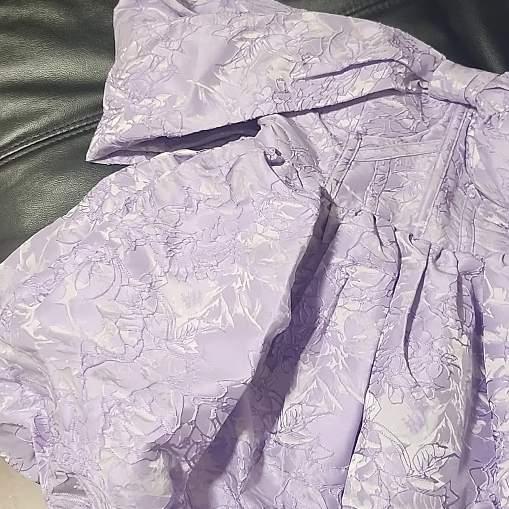 LUXE jacquard bardot corsetted bubble hem mini dress in lilac Size 6 - Image 5