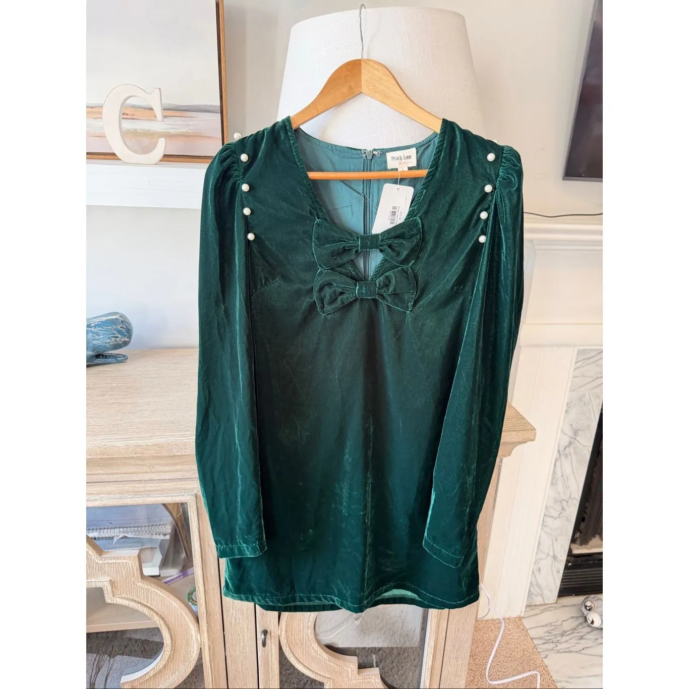 NWT Peach Love California Tarin Velvet Bow Dress in Green Size Small - Image 3