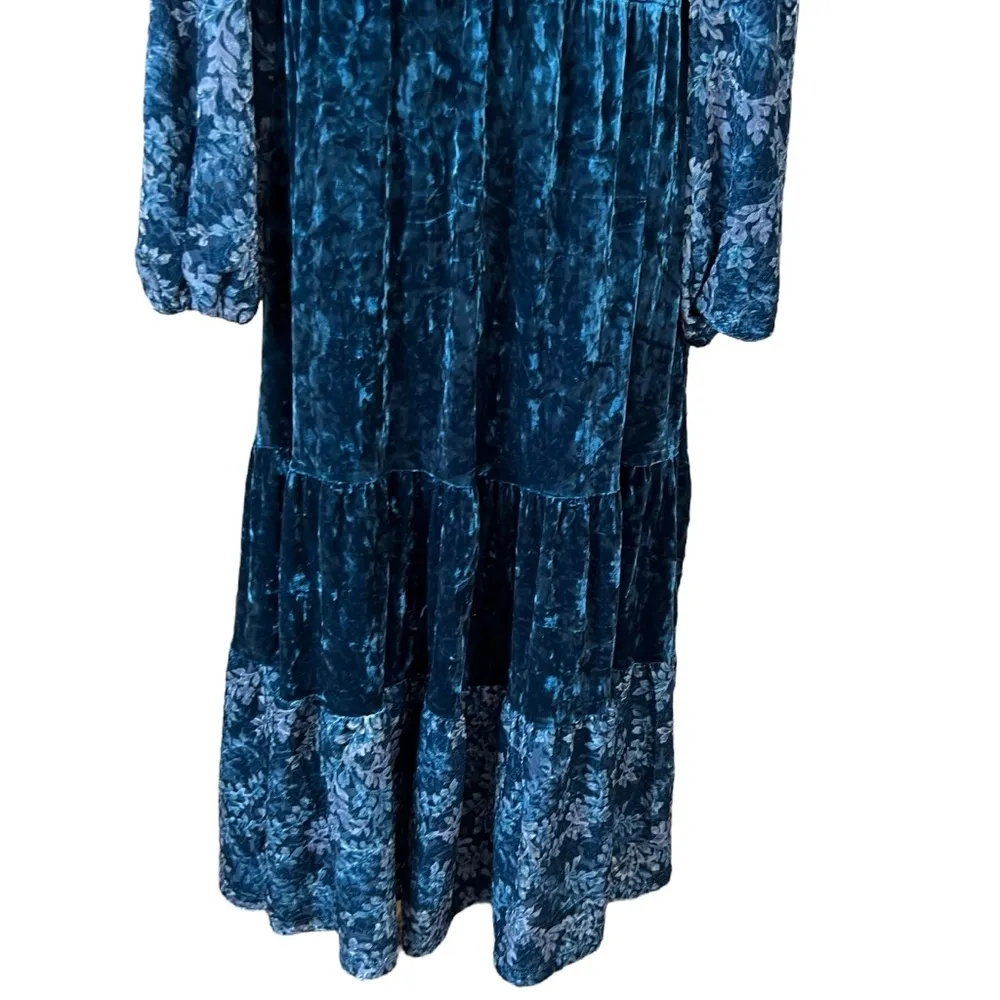 Frye and Co. velvet blouse sleeve tiered midi peasant teal floral dress Blue Size XXL - Image 4