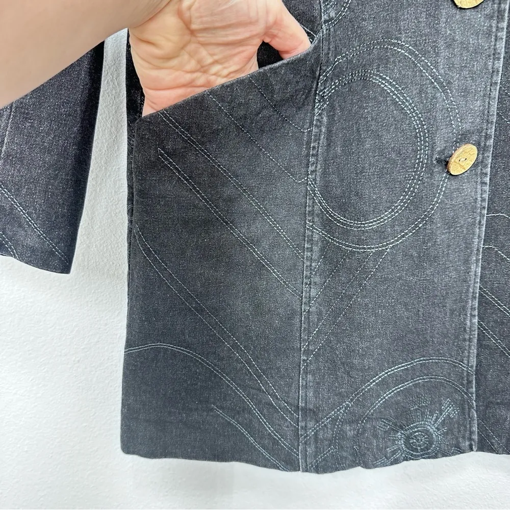 Vintage Dark Wash Denim Trenchcoat Swirl Eclectic 90s Women's Size Medium Petite Black - Image 5
