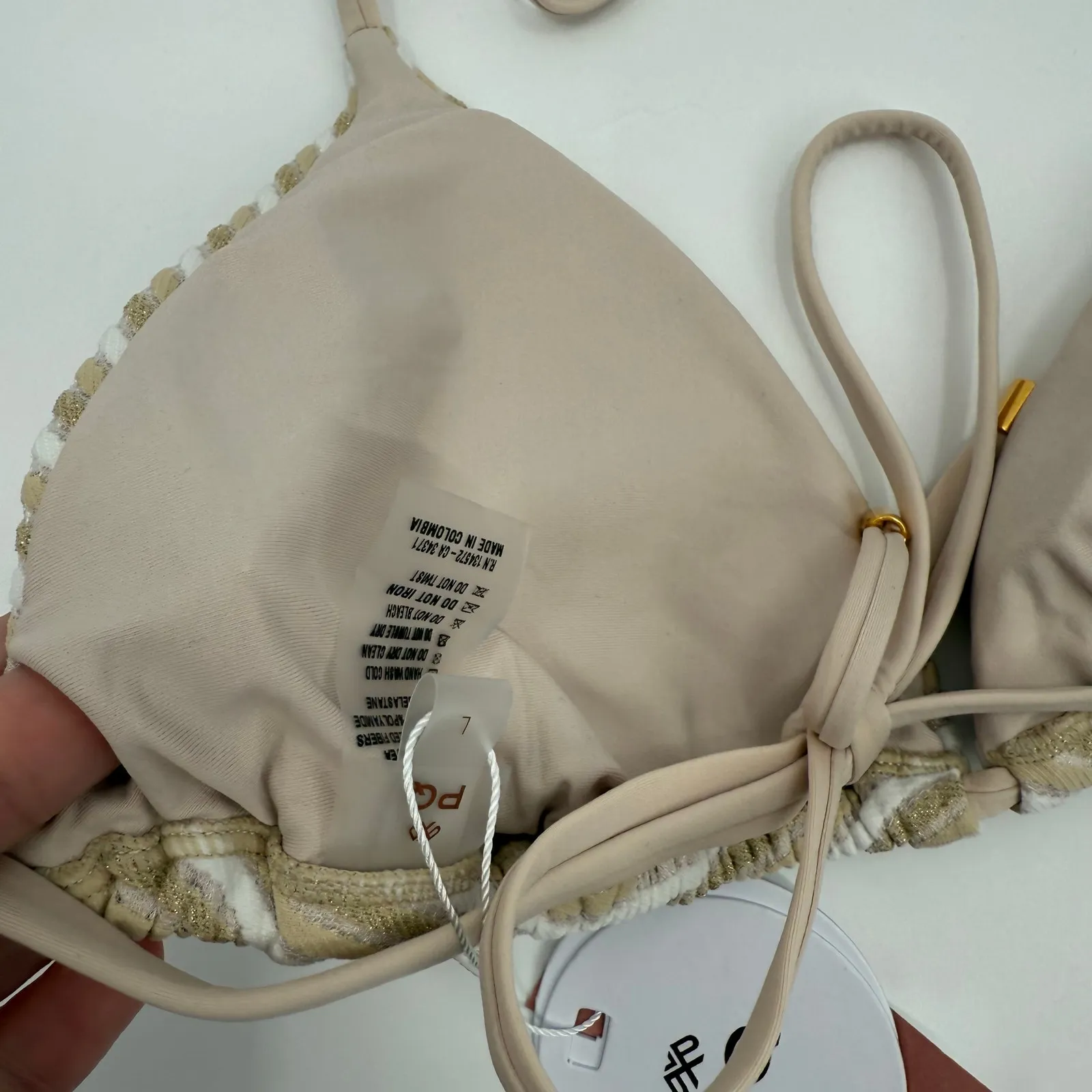 PQ SWIM PILYQ Bikini Top Size Large NWT New Earth Triangle Tie Stripe String White - Image 14