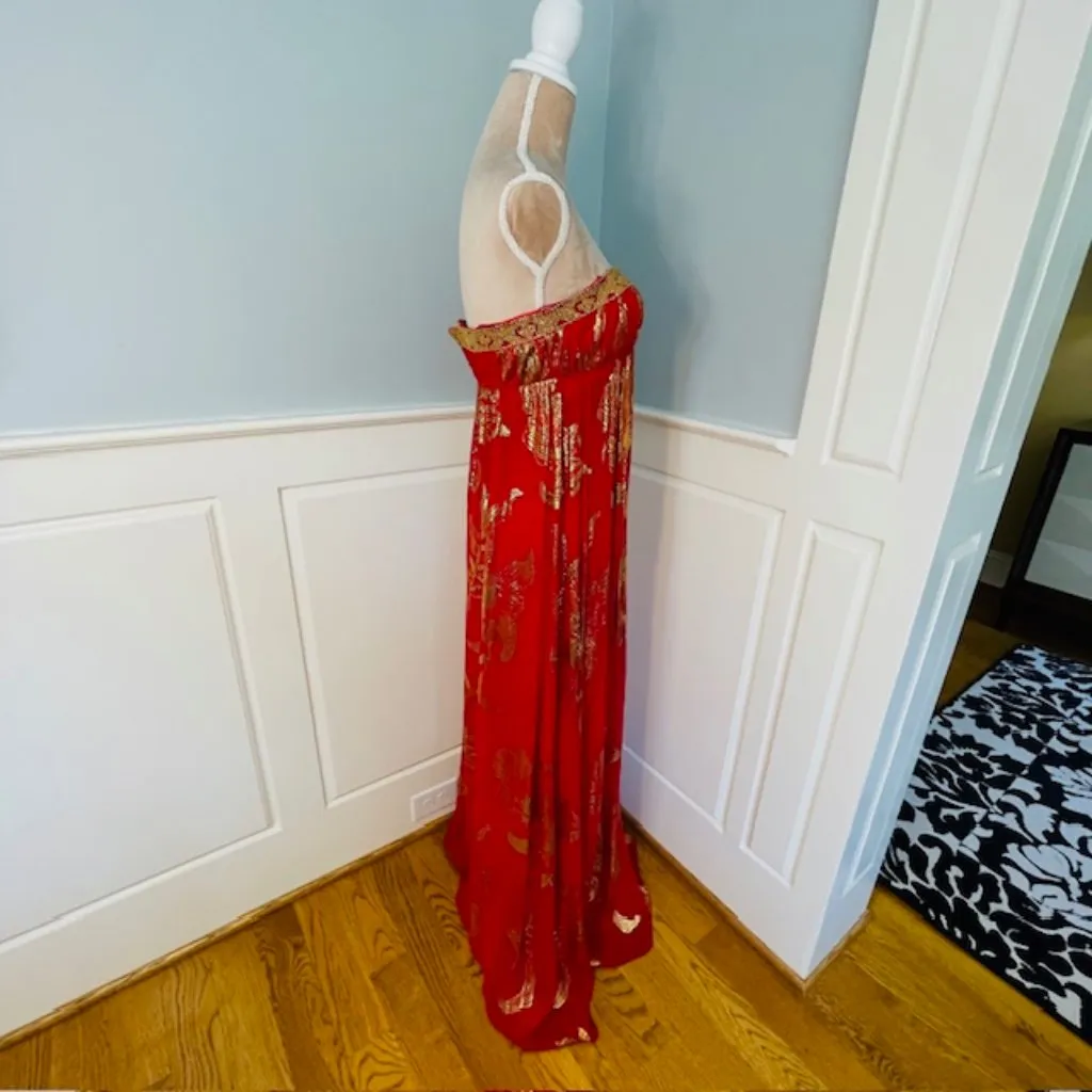 Aidan Mattox Beaded Silk Strapless Ball Gown Red & Gold Prom Party 4 - Image 5