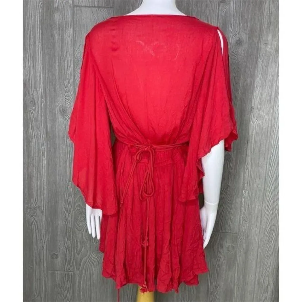 Free People Cora Coral Red Embroidered flutter sleeve beach summer Dress XS - Image 8