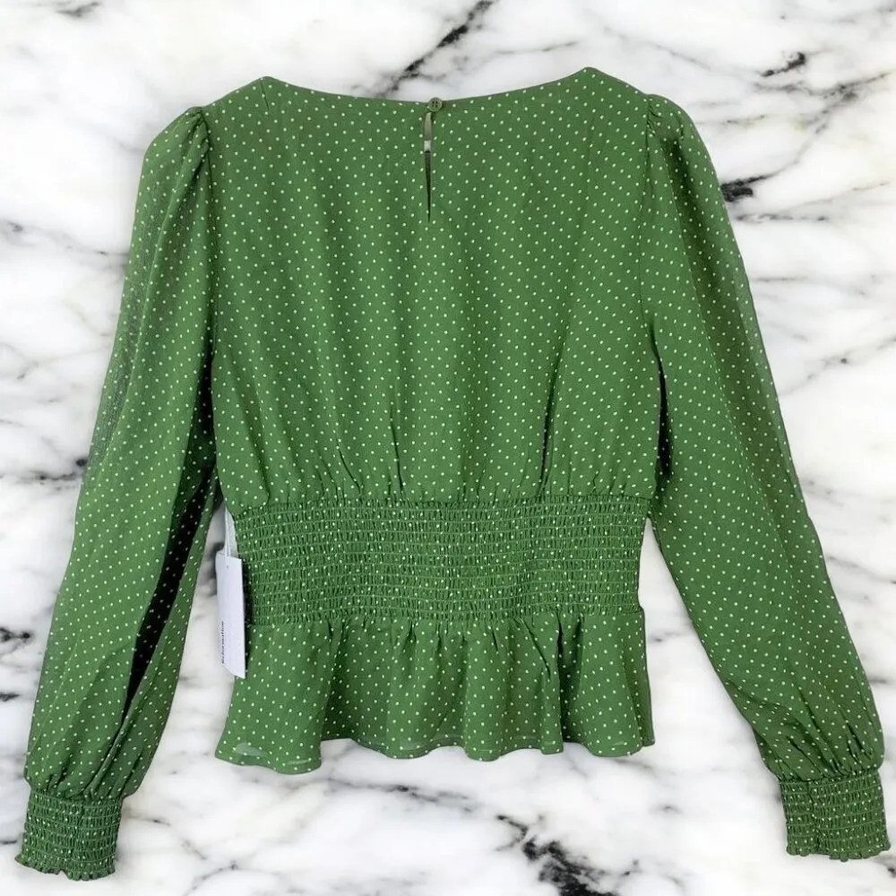 Reformation Hearth Green Dots Smocked Long Sleeve Blouse Top Size 6 NWT - Image 3