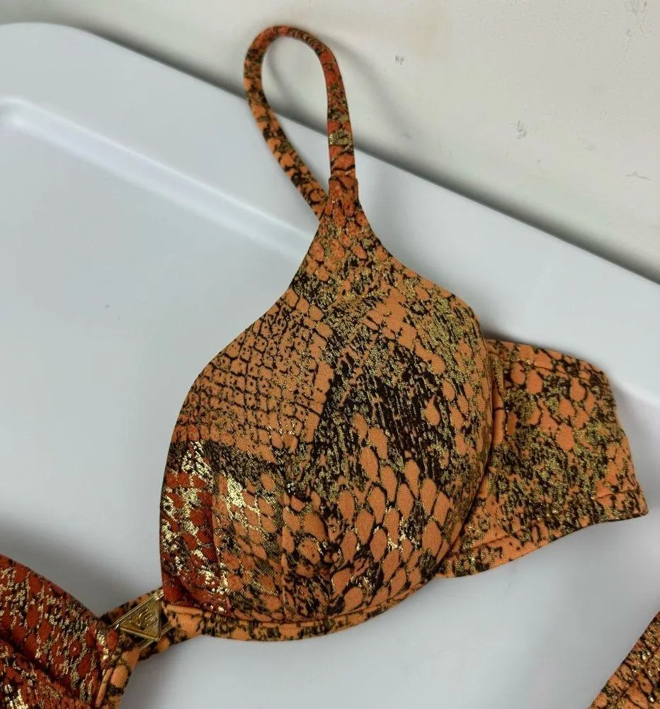 Vtg Venus Womens Orange Gold Metallic Snakeskin Bikini Set Sz A Cup Large - Image 9