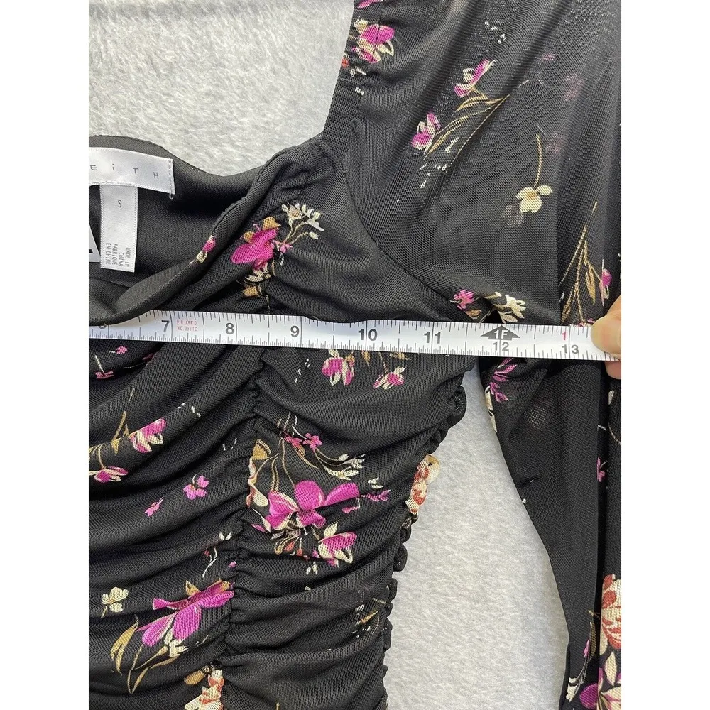 Leith Women's Dress Ruched Front Long Sleeve Sheer Black Floral Size Small - Image 9