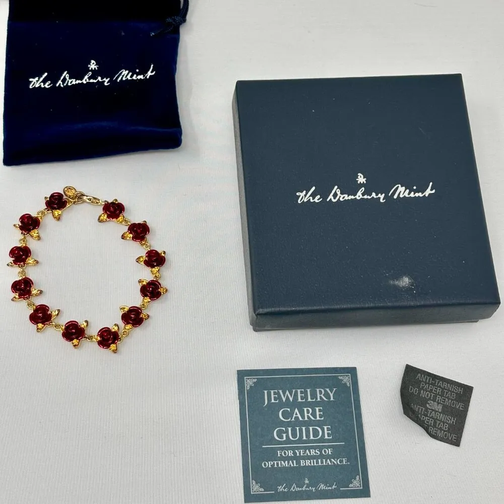 Danbury Mint Dozen Roses Drop Heart Necklace & Dozen Roses Bracelet Set 24k Red - Image 9