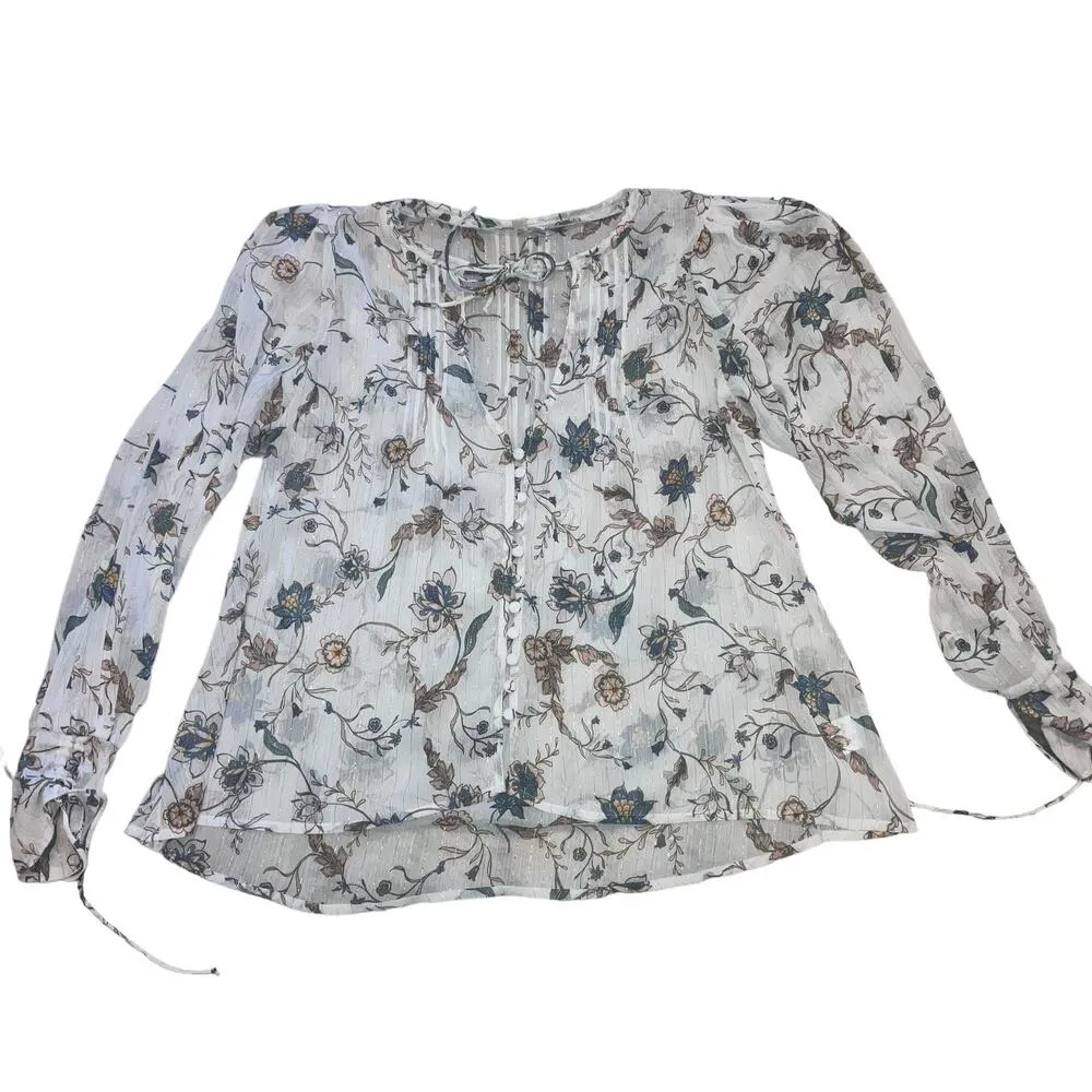 For Love and Lemons Romy White Floral Pintuck Button Blouse-Medium - Image 11