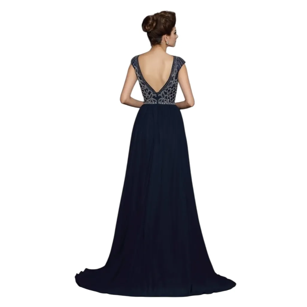 NWT Jovani A-Line Princess Scoop Beaded Long Dress Formal Navy 21030 Size 4 - Image 5