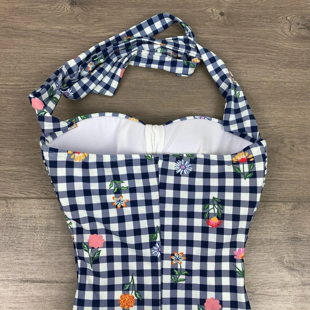 Unique Vintage Navy Gingham Floral Halter Tie Romper Style Swimsuit Sz.S/4 NWT - Image 11