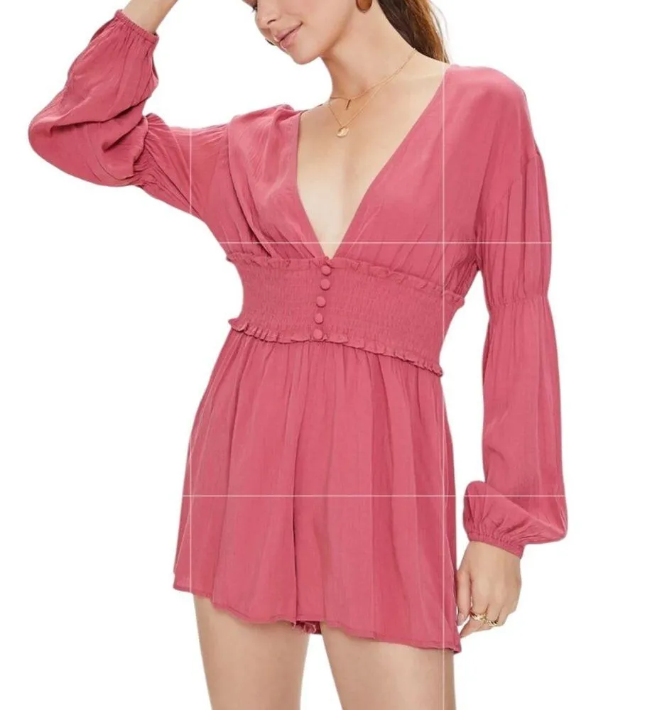 Forever 21 Plunging Ruffled Smocked Peasant Boho Long Sleeve Shorts Romper Small - Image 3