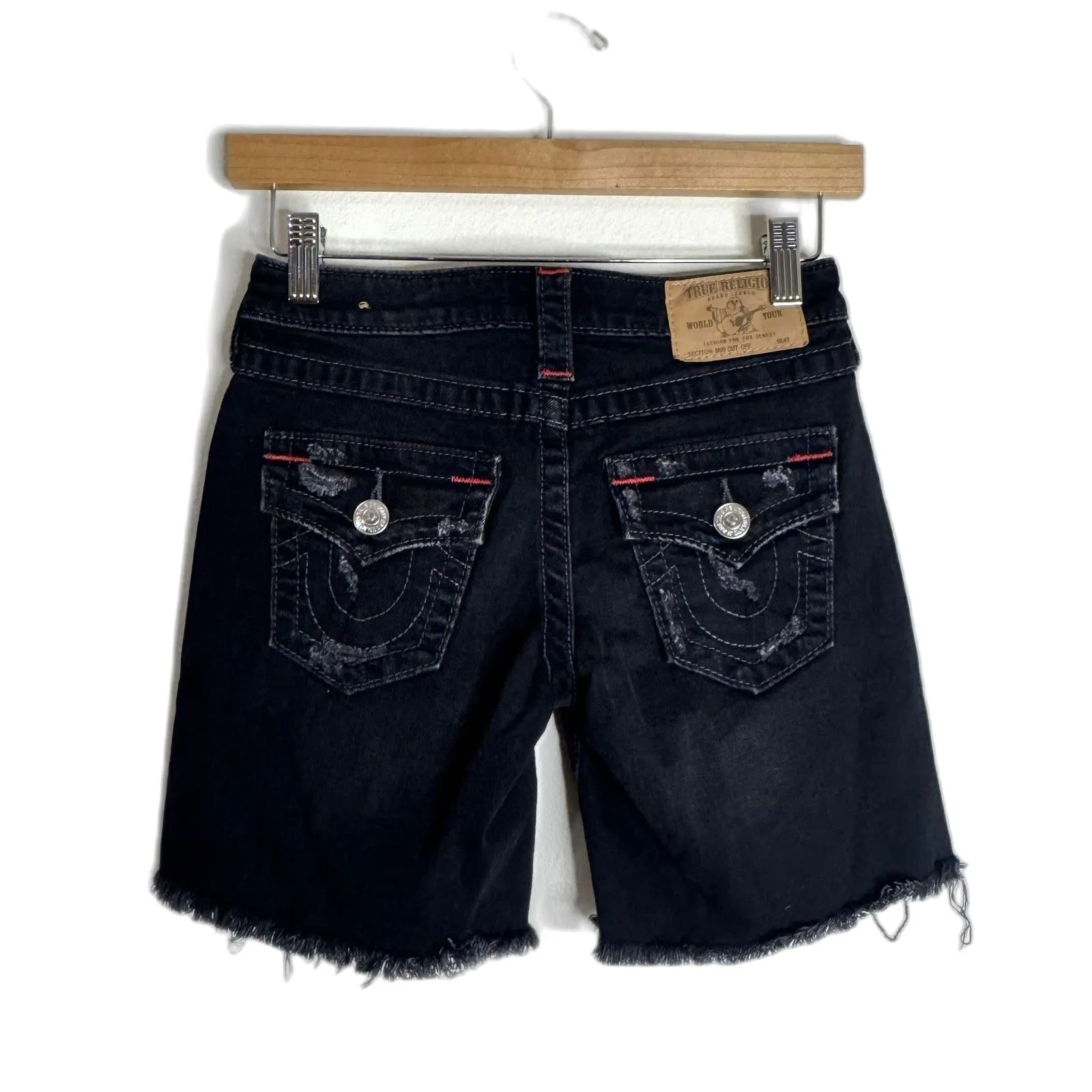 True Religion Shorts Womens 24 Distressed Denim Cutoff Mid Rise Frayed Jeans y2k - Image 2