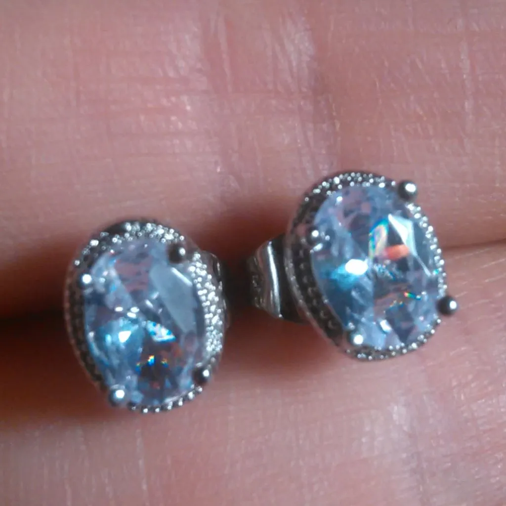 Simulated Blue and White Diamond Silvertone Brass Stud Earrings - Image 11