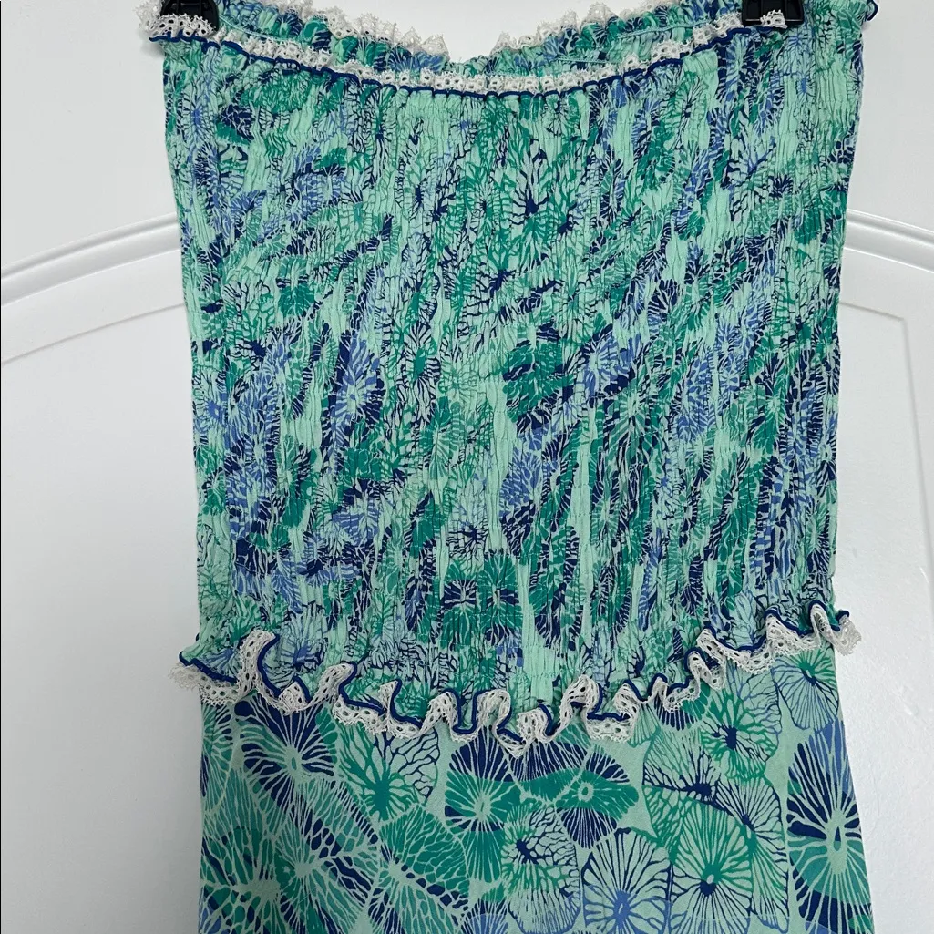 Poupette St. Barth Floral Blue/Green Maxi Dress Cover Up Pom Poms Sz XS - Image 6