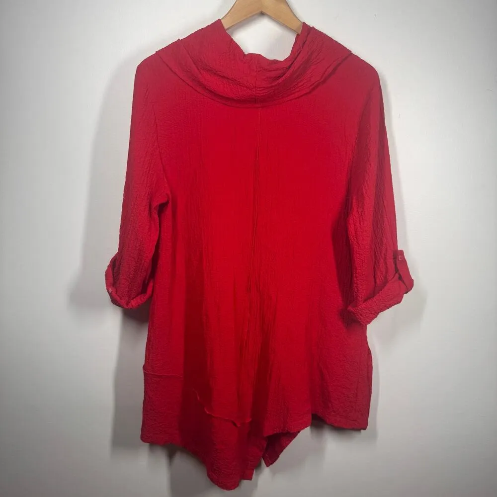 Ali Miles Top Women M Red Cowl Neck Asymmetrical 3/4 Roll Tab Sleeve Lagenlook Size M - Image 2