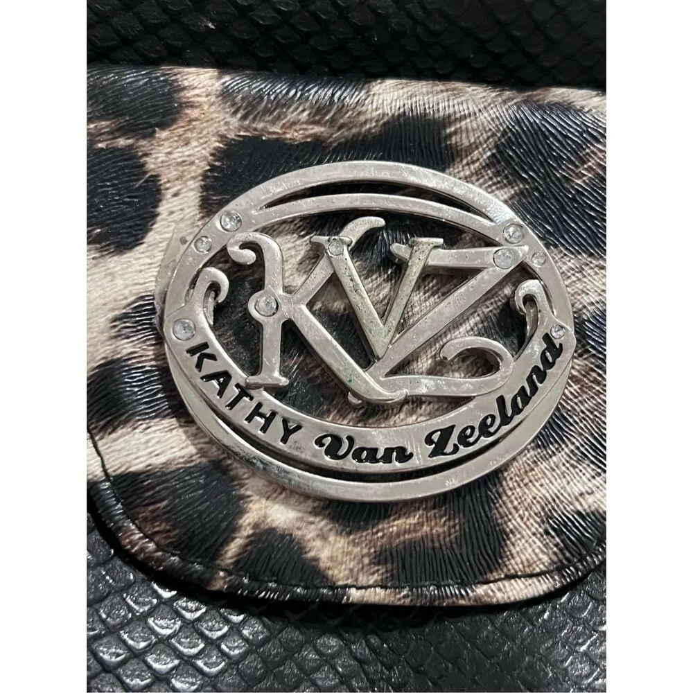 KATHY VAN ZEELAND LARGE BLACK WITH LEOPARD TRIM HANDBAG SHOULDER BAG RHINESTONES - Image 4