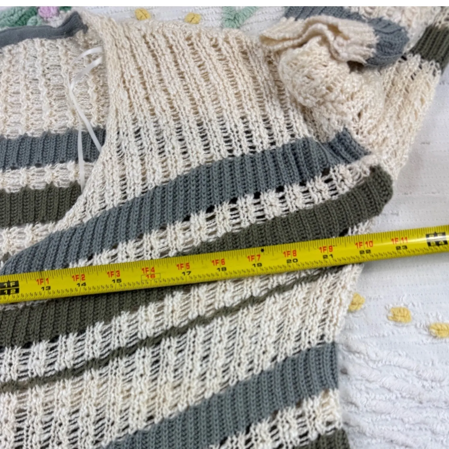 Freshman Knit Sweater Striped V Neck Crop Top Open Weave Beige Green Blue M Tan Size M - Image 7