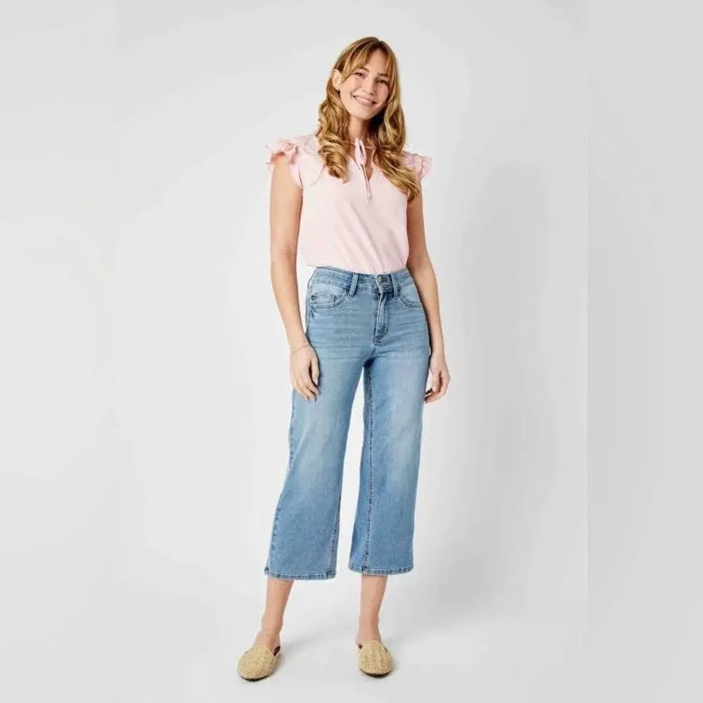 JUDY BLUE Tummy Control High waisted wide crop double button cropped jeans 13 31 - Image 13