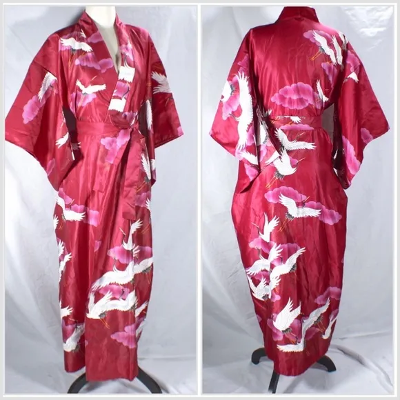 Vintage 1960s Made In Japan Maruky Kyoto Toyko Kimono Crane Floor Length Magenta Pink Size undefined - Image 2
