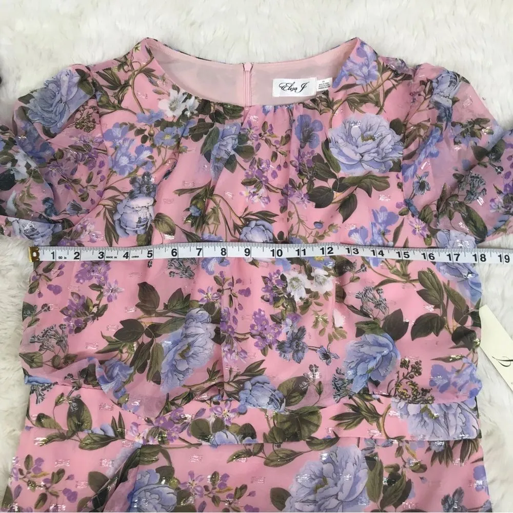 ELIZA J Pink Floral Long Sleeve Maxi Dress Chiffon Ruffle Front Slit Size 14 New - Image 11