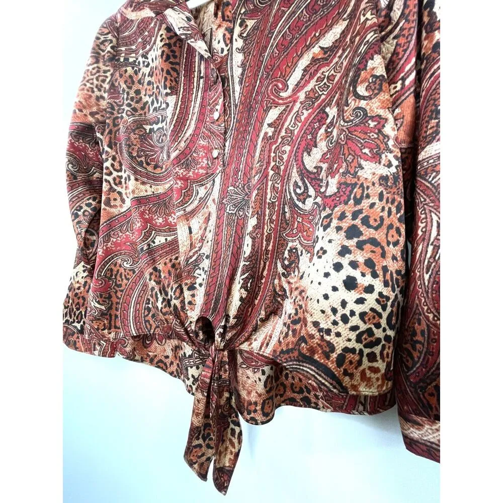 CHICOS Paisley Satin Sequin Neck Blouse Size 2 US 12 Tie Hem Blouse Top Dressy - Image 6