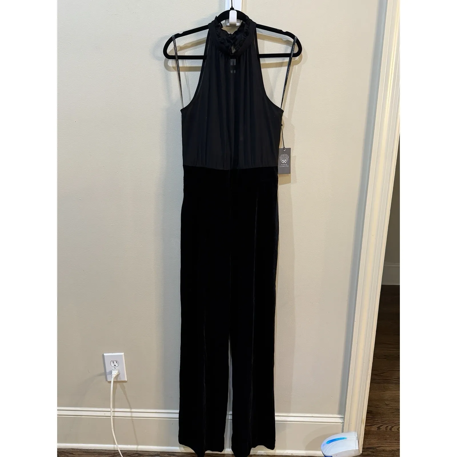 Vince Camuto Jumpsuit Womens Size 8 Chiffon Velvet Black Formal Holiday‎ Sheer - Image 3