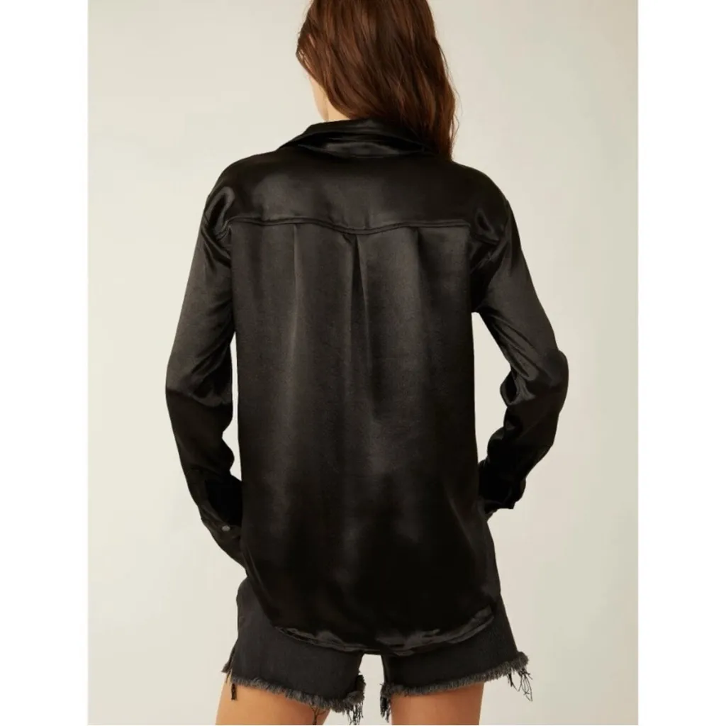 Free People Satin Witchy Shooting For The Moon Button Down Shirt Black Large - Image 10