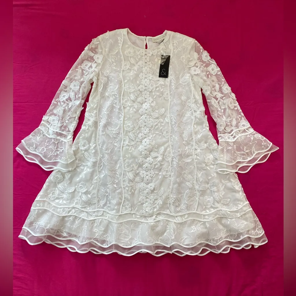 Sachin & Babi Women’s Size 8 White Lace A-Line Dress Long Sleeve Floral Relief - Image 2