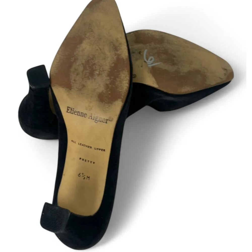 Etienne Aigner | 6.5 Horse Shoe Bit Silver Logo Black Suede Pumps Heels Pointed - Image 4