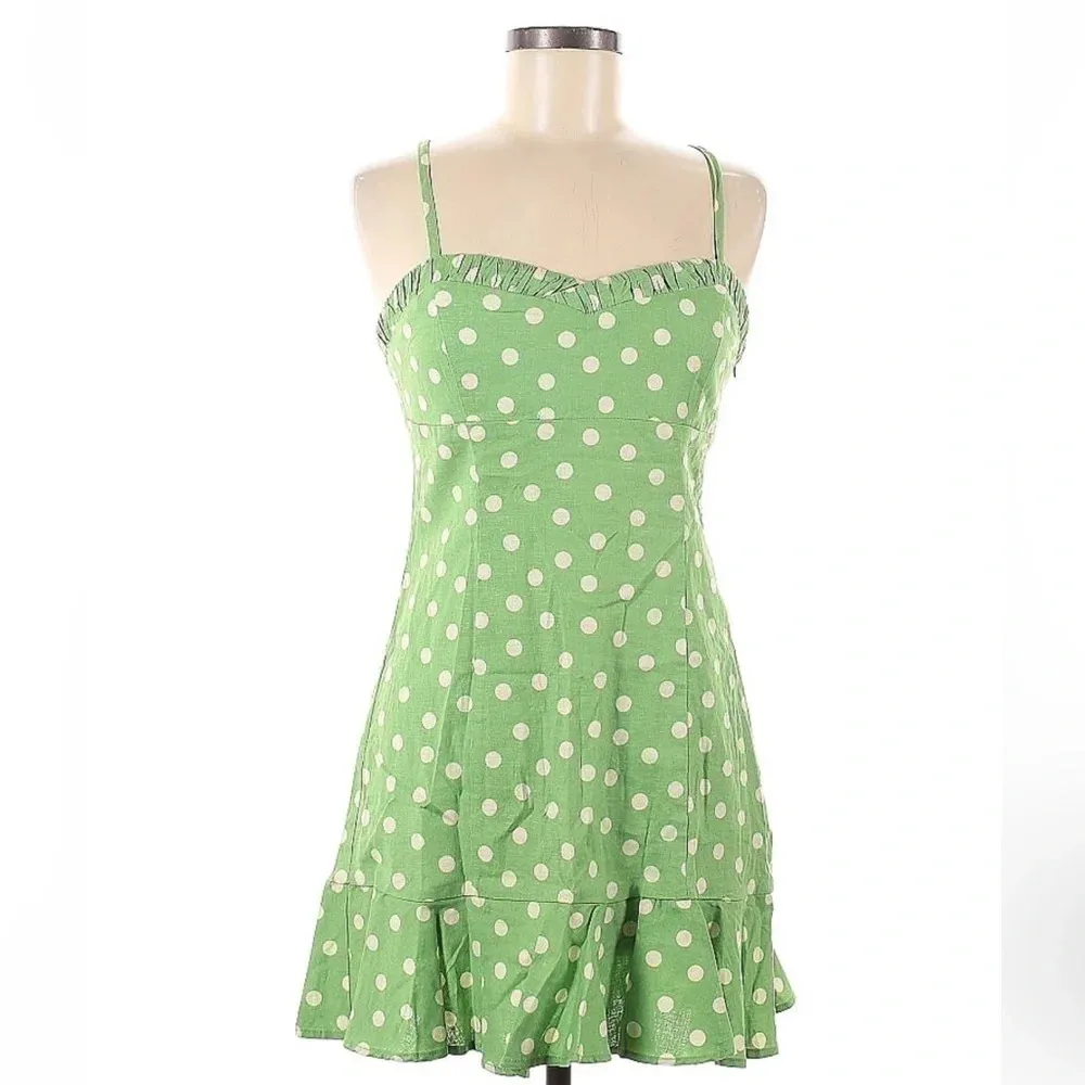 Zara | Green & White Linen Blend Polkadot Ruffle Hem Dress Size M NWT - Image 3