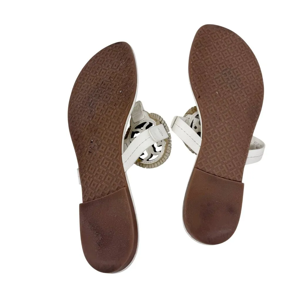 TORY BURCH Metallic Gold Cream Fringe Miller Logo Sandals Flip Flops Size 6.5 - Image 8