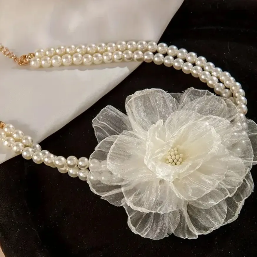 Elegant Cream sheer lace flower on pearl choker. New White Size undefined - Image 5