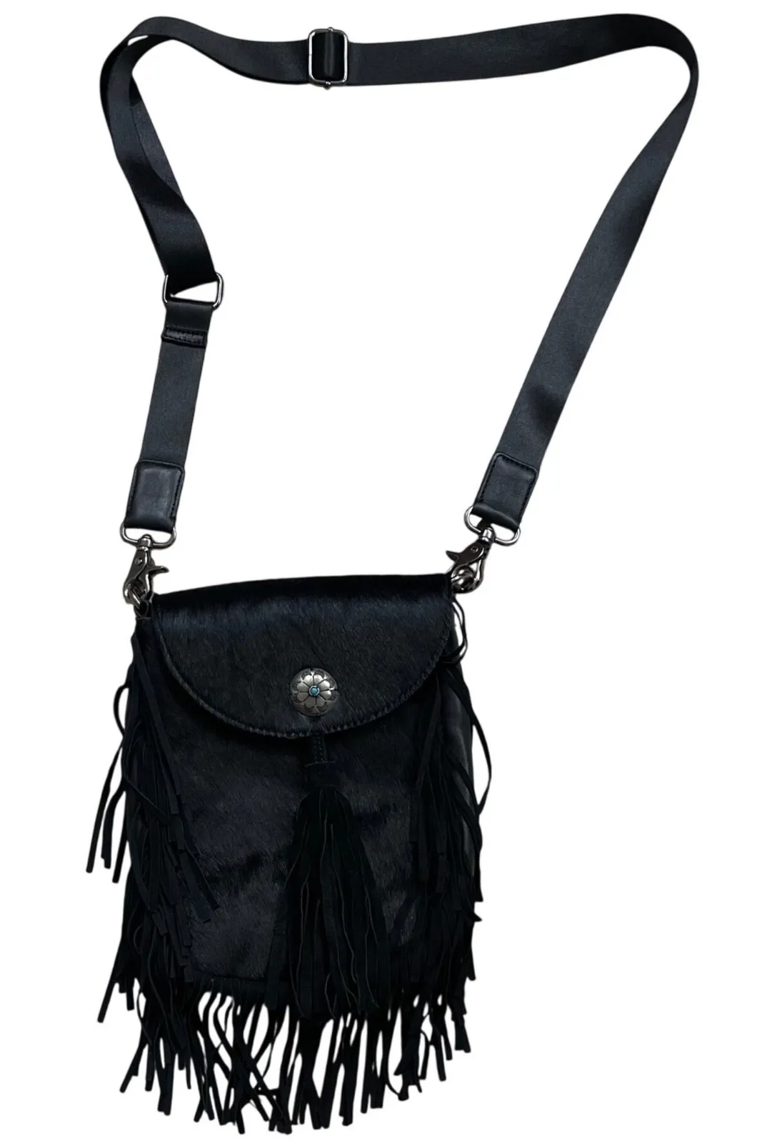 Scully Black Leather Cowhide Fringe INDIA Crossbody Shoulder Bag Boho Western - Image 1