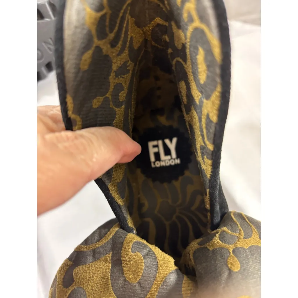Women's FLY LONDON Black Suede Ankle Boots US 5.5 Gold Interior - Image 9