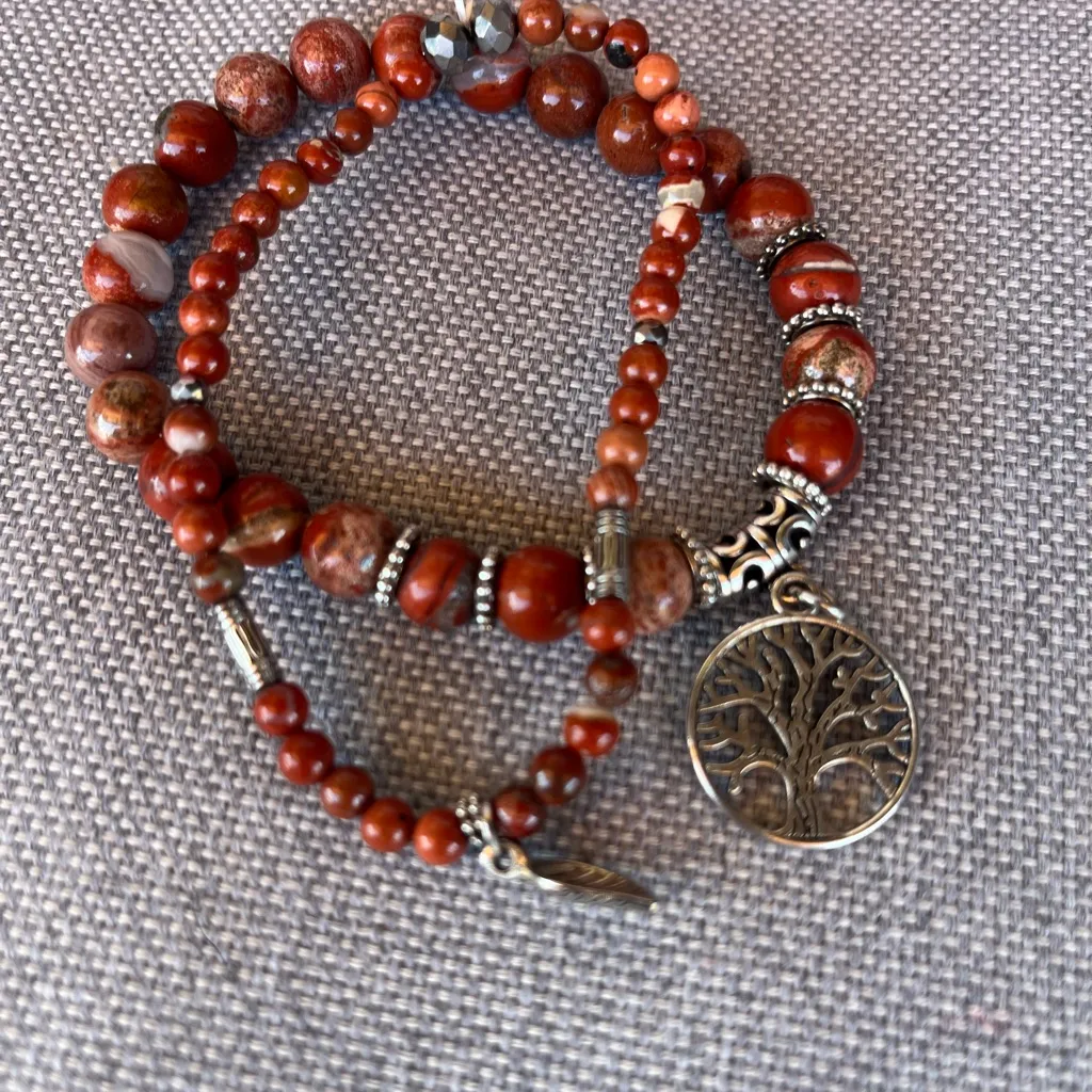 Red Jasper Beaded Bracelet Set w/ Tree of Life & Leaf Charms Silver - Image 5