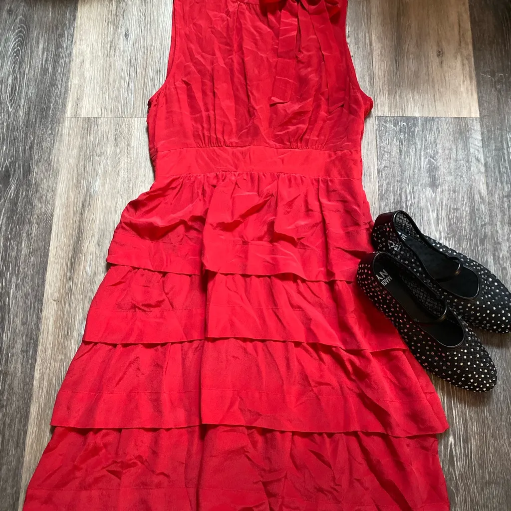 Anthropologie Silk Red Tiered Ruffle Midi Dress 6 Femme Fatale‎ Coquette Holiday - Image 2