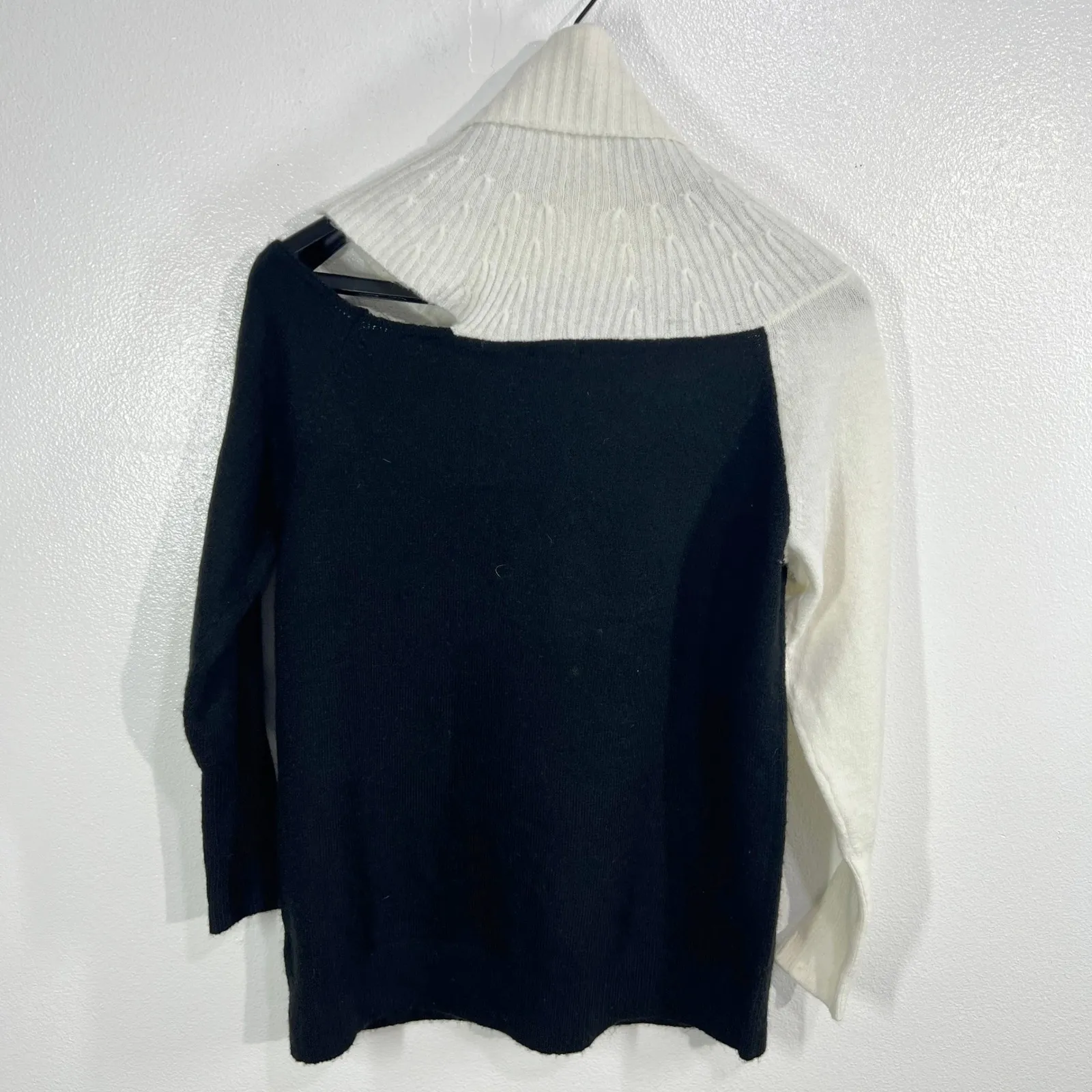 HALOGEN Black White Asymmetrical Neckline Turtleneck Sweater Medium Elevated - Image 3