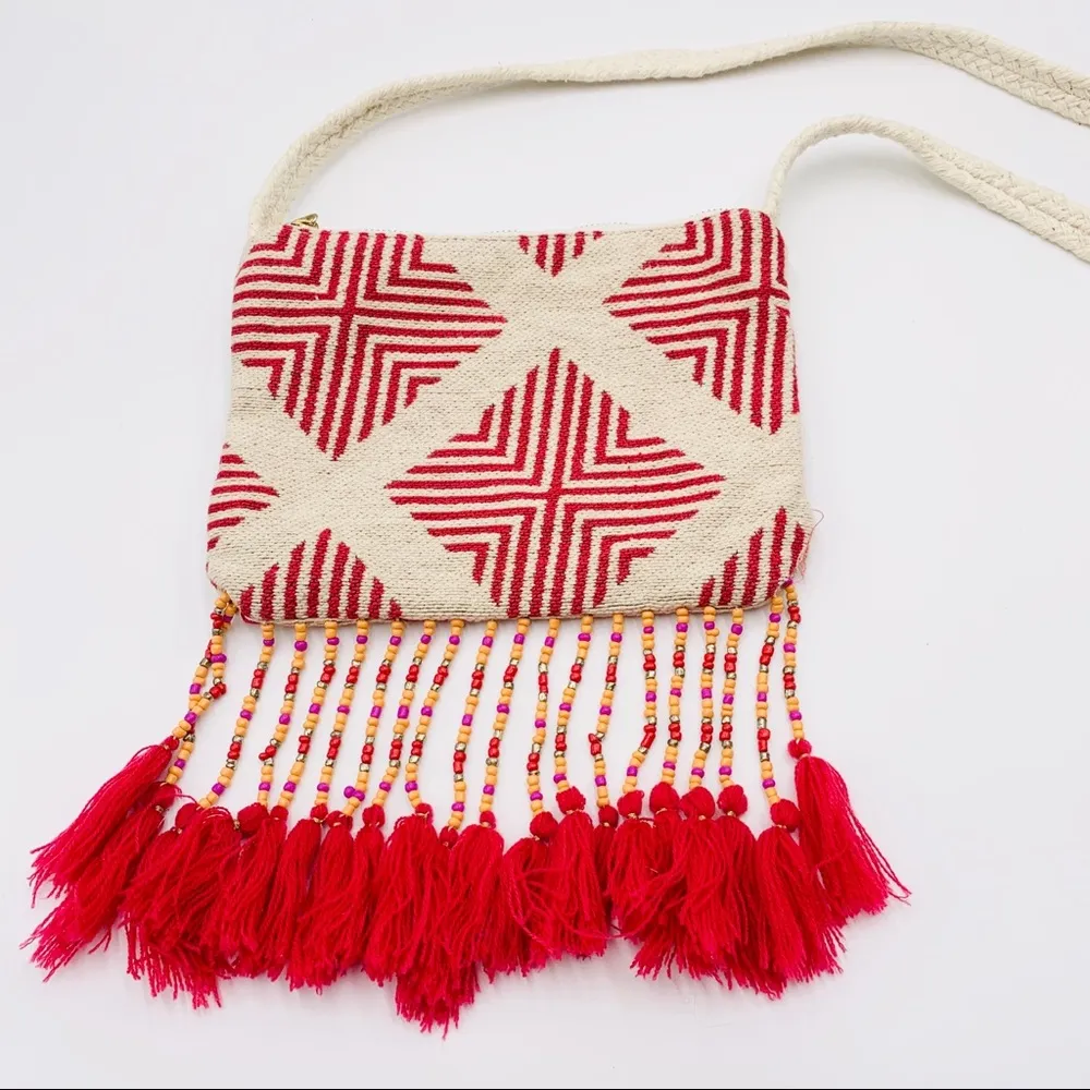 Merona Red & Cream Boho Jacquard Beaded Fringe Crossbody Bag Festival Purse - Image 2