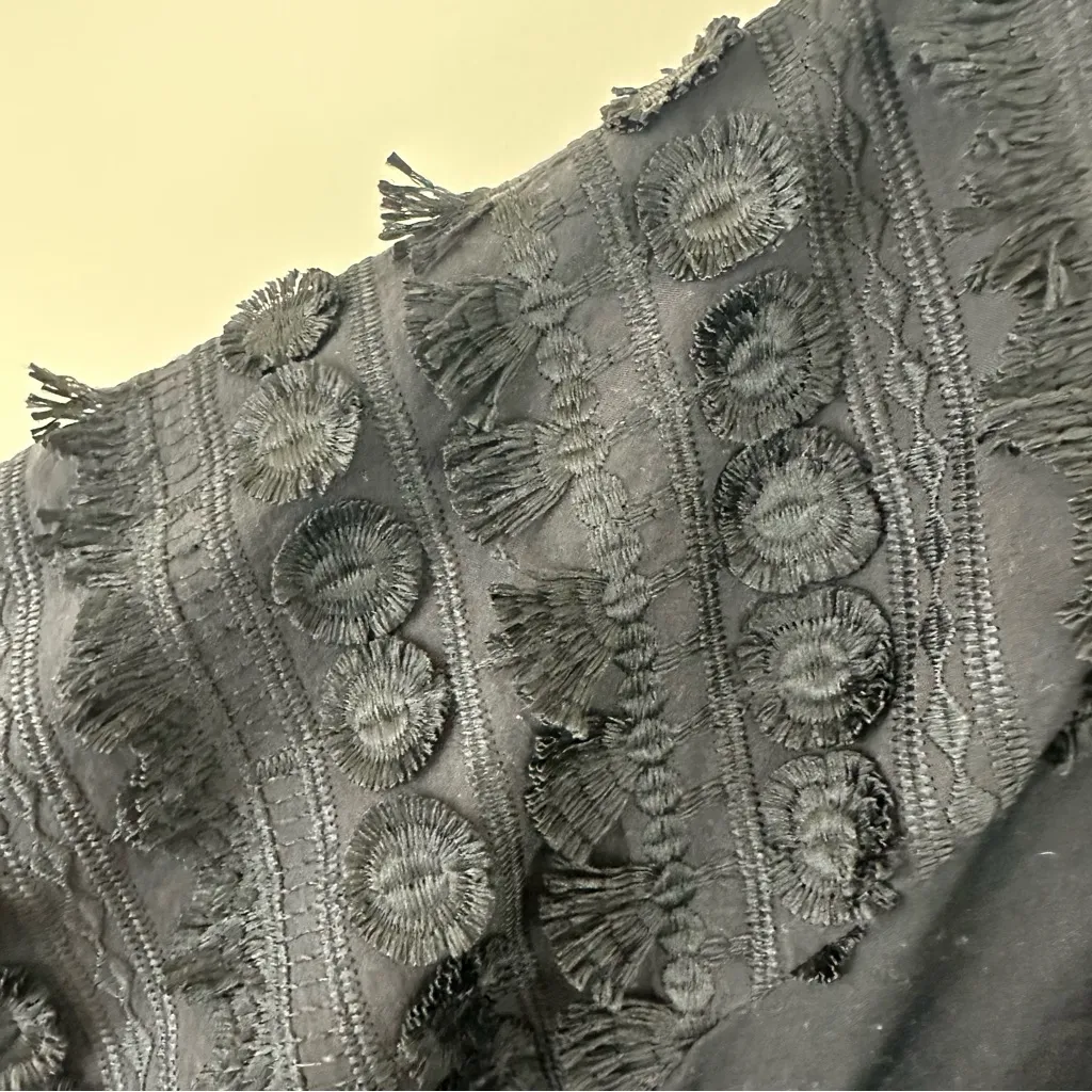 Chico's Poplin Fringe Puff Sleeve Dress Midi Length Black Tiered Skirt Size 12 - Image 5