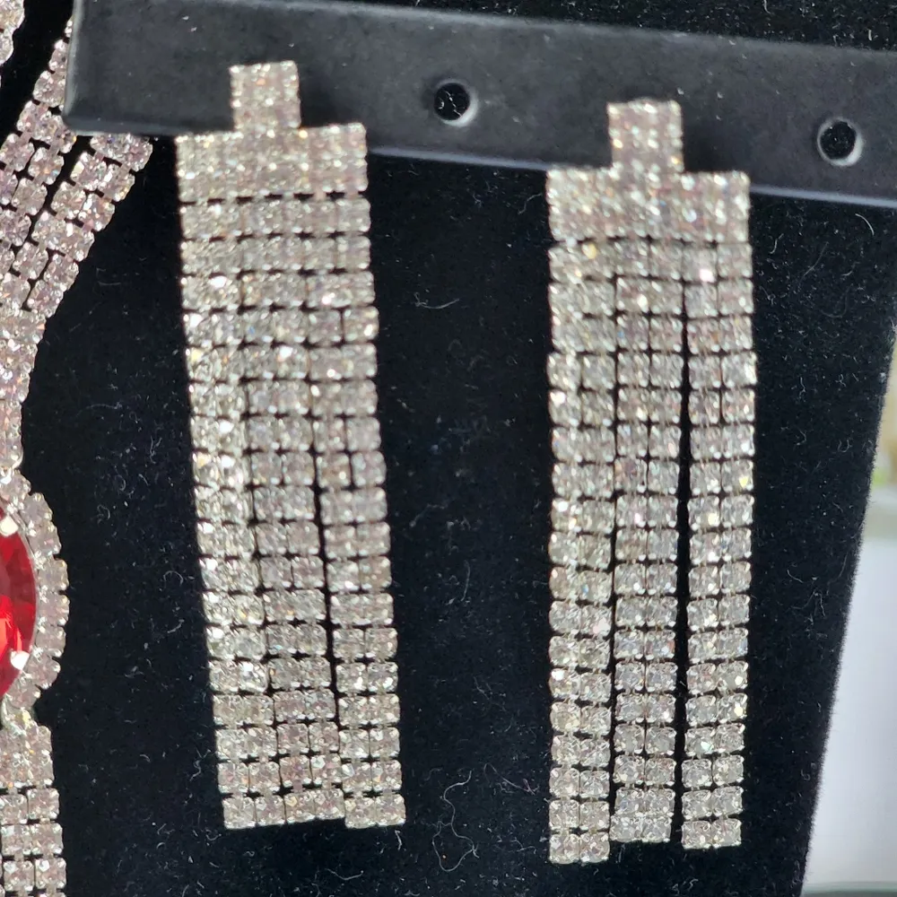 Statement Ruby Red Clear Crystal Necklace Earrings Set - Image 6