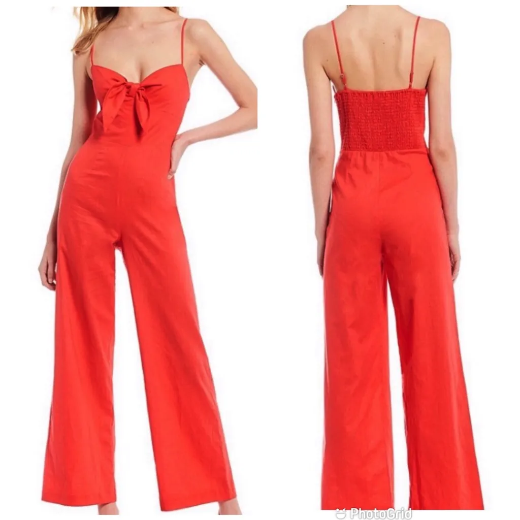 GIANNI BNI Red Linen Spaghetti Strap Wide Leg Jumpsuit Tie Bow Front Size‎ 4 New - Image 2