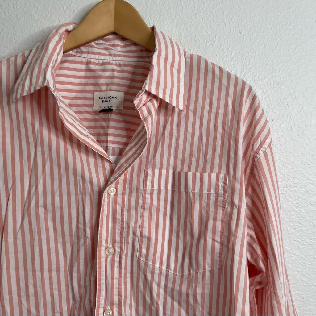 American Eagle Pinstripe Button Down Pink & White Long Sleeve Size Medium - Image 2