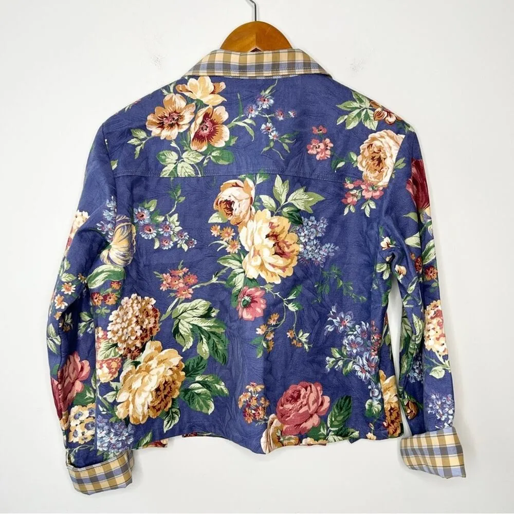 Vintage Jacket Womens Size Small Cottage Granny Floral Plaid Country Chic Artsy Blue - Image 3