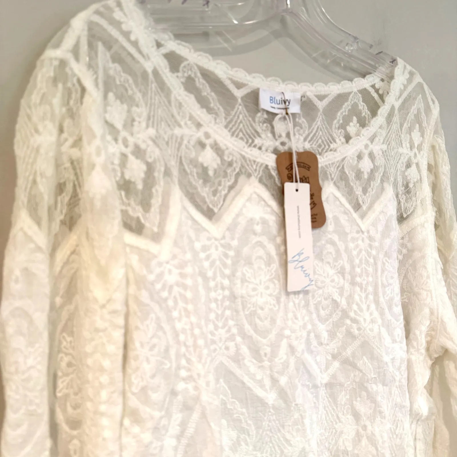 Bluivy Scallop Hem Embroidery Lace Blouse Women's Large Ivory Boho Hippie Dainty White - Image 5