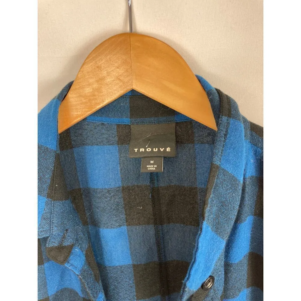 Trouve Black and Blue Plaid Button Down Boyfriend Shirt Size Medium - Image 4