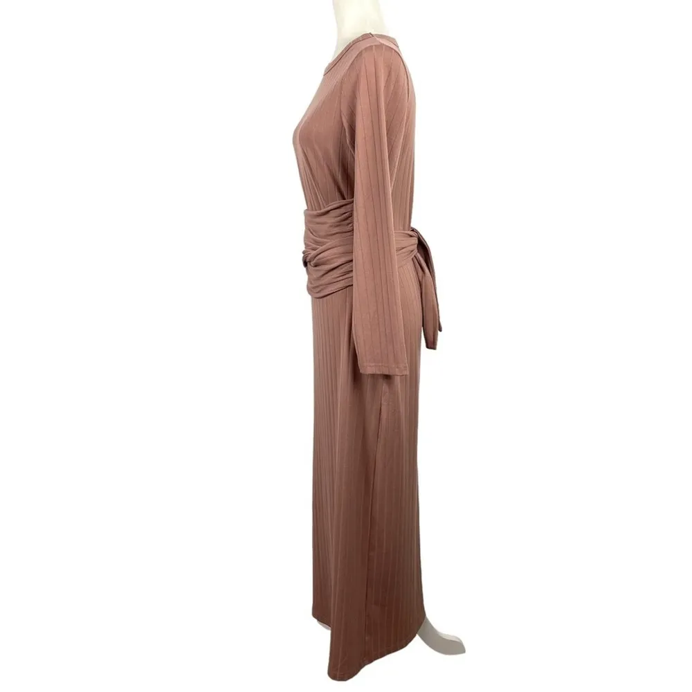 VEILED COLLECTION Ribbed Tie Waist Long Sleeve Wrap Waist Maxi Dress - Image 7