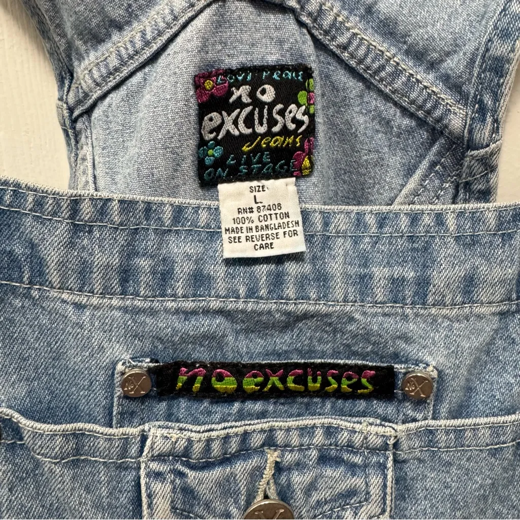 Y2K NO Excuses Denim Short Overalls Size Large - Image 2