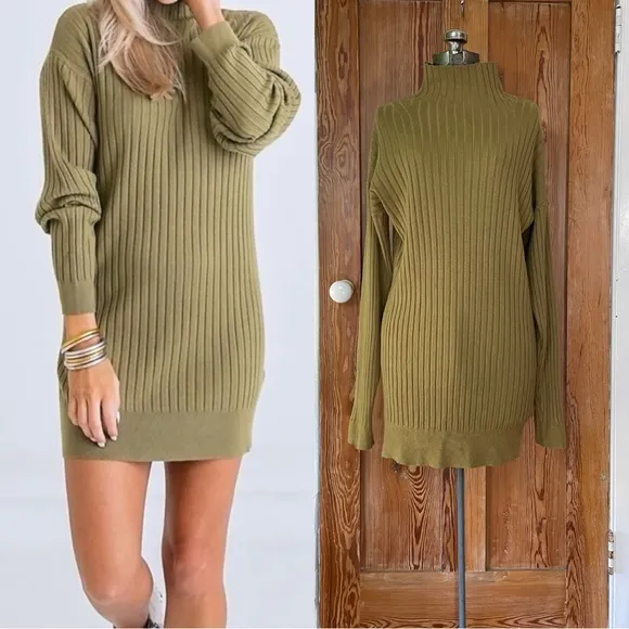 Karlie Ribbed Olive Green Cashmere Blend Cozy  Sweater Dress women’s size M - Image 2